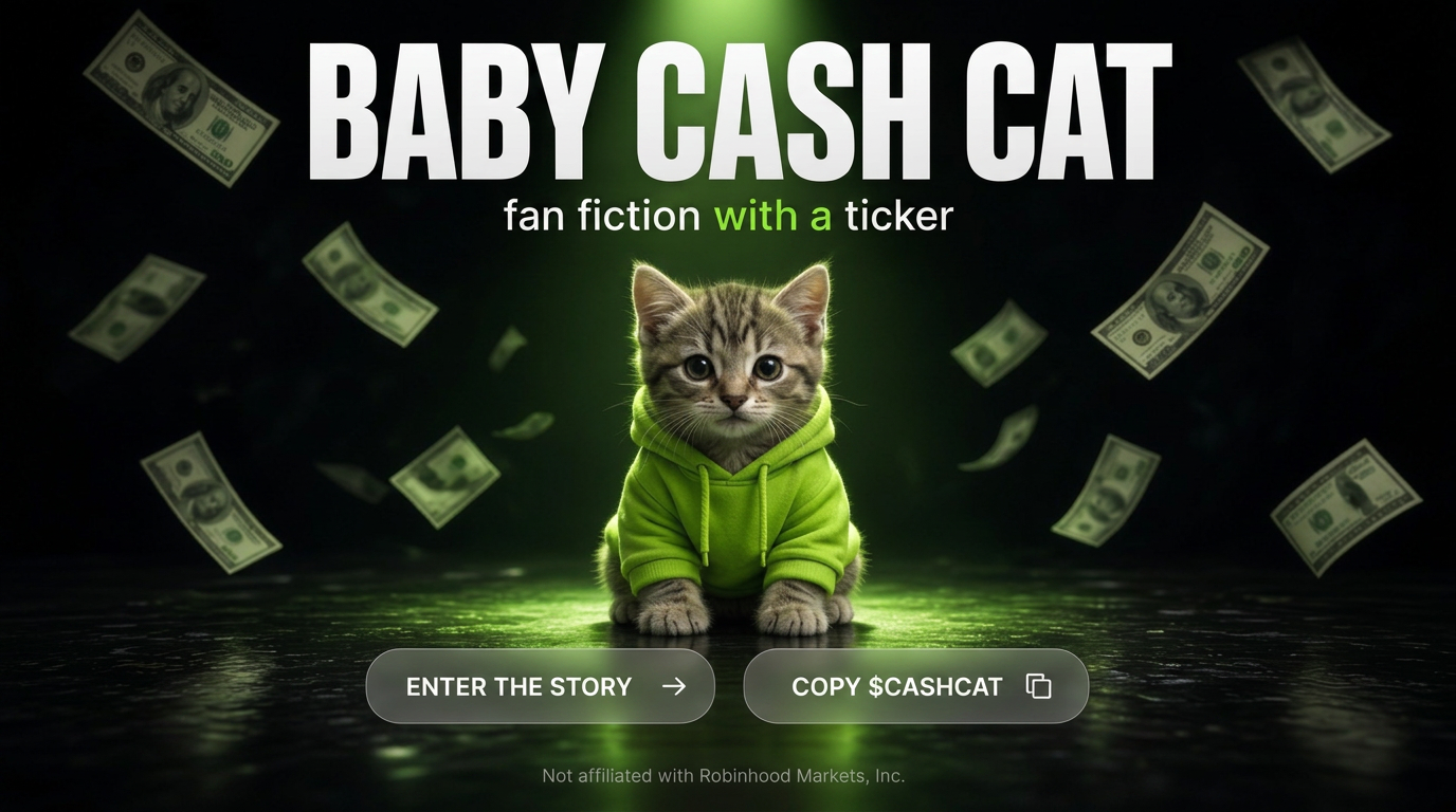 Baby Cash Cat sitting in a green hoodie under a green spotlight with dollar bills floating around, with ENTER THE STORY and COPY $BABYCASHCAT buttons.