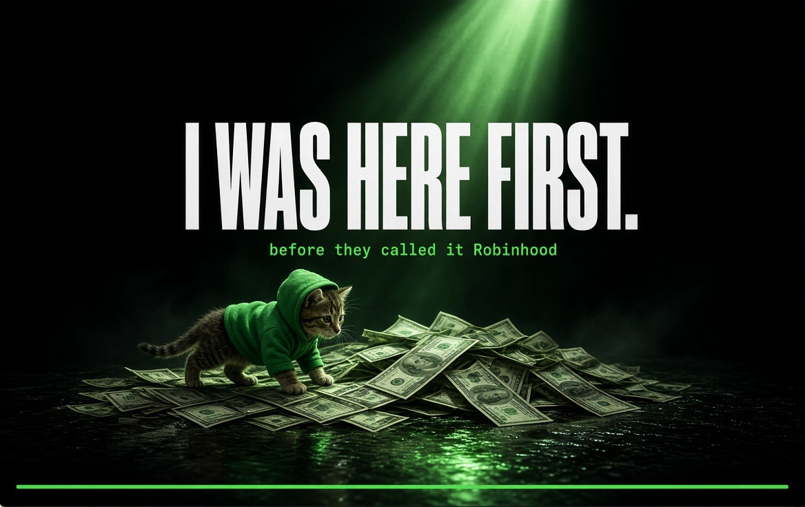Kitten in a green hoodie walking over a pile of hundred dollar bills under a green spotlight. Headline: I was here first — before they called it Robinhood.