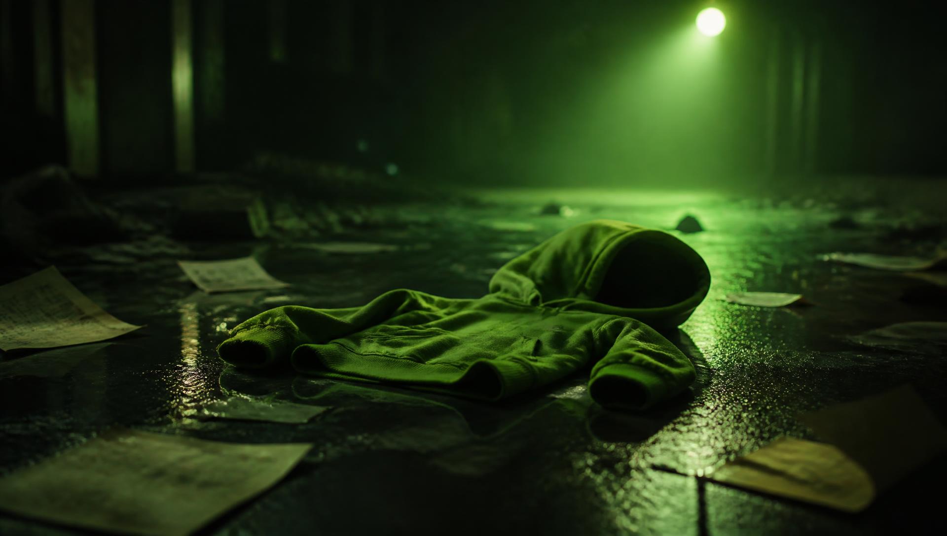 A small green hoodie abandoned on a wet floor among scattered papers