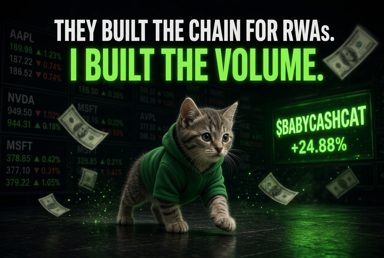 Kitten in a green hoodie walking in front of a wall of dull tickers with a glowing BABYCASHCAT board. Headline: they built the chain for RWAs — I built the volume.